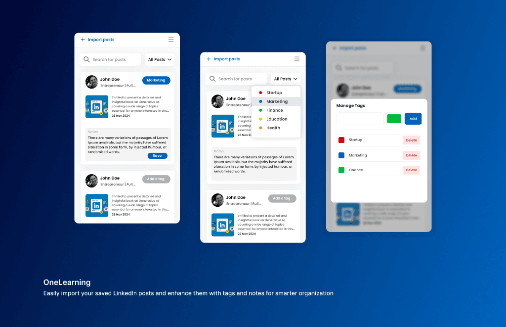 OneLearning — LinkedIn Saved Posts Manager, Tag Organizer & Notion Export Chrome Extension