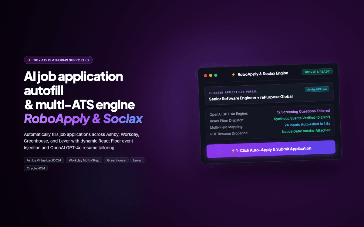 RoboApply & Sociax — AI Job Application Autofill & Auto-Apply - AI-powered job application autofill Chrome extension that auto-fills and submits applications across 100+ ATS platforms (Greenhouse, Workday, Ashby, Lever, Oracle) by Pasindu Piumal