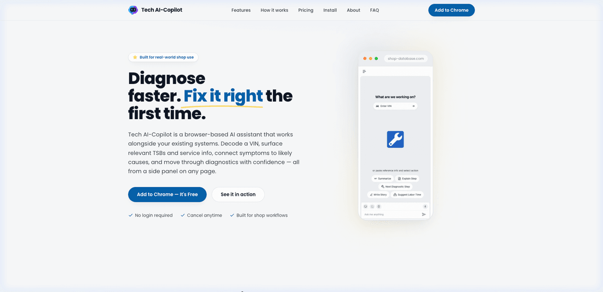 Tech Copilot — Automotive AI Chrome Extension (Live SaaS · $5.99/mo) - Live Chrome Web Store AI assistant for automotive technicians — diagnose faster with VIN decoding, AI-driven TSB search, screenshot OCR (Tesseract by Pasindu Piumal