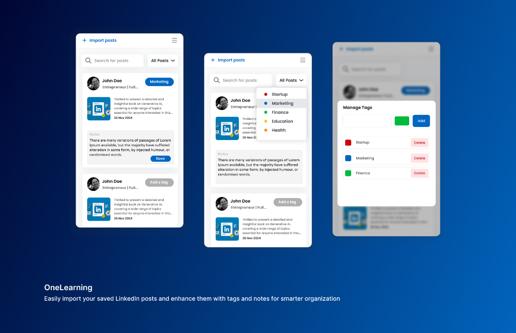 OneLearning — Tag Taxonomy, Multi-Select Categories & Manage Tags Canvas