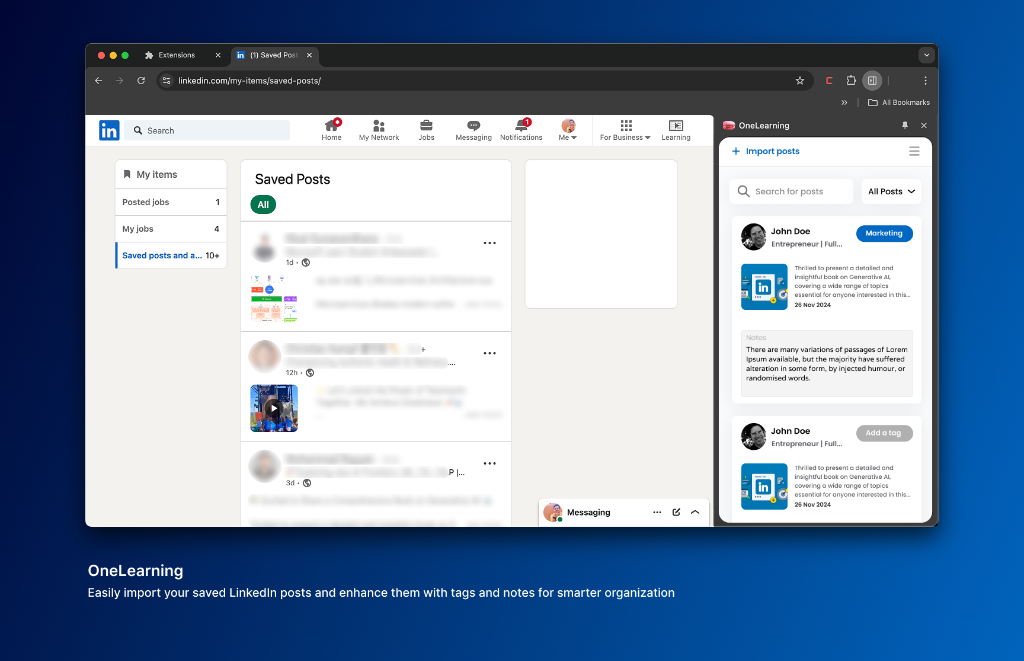 OneLearning — Live LinkedIn Saved Posts Chrome Side Panel Interface